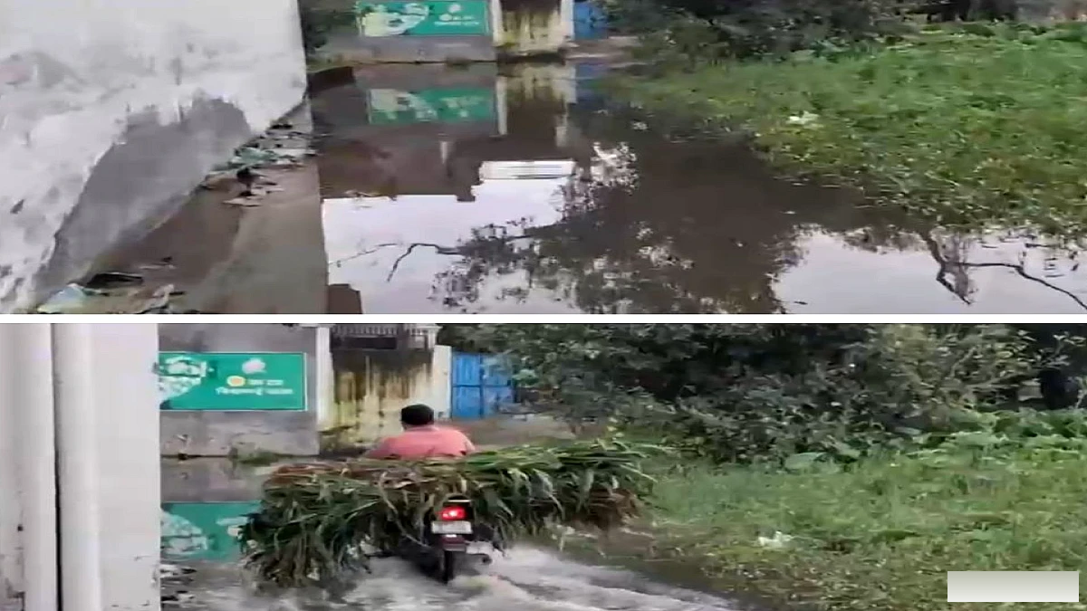 तालाब का जलस्तर बढ़ने से सड़क पर भरा पानी, ग्रामीणों का  आवागमन हुआ मुश्किल